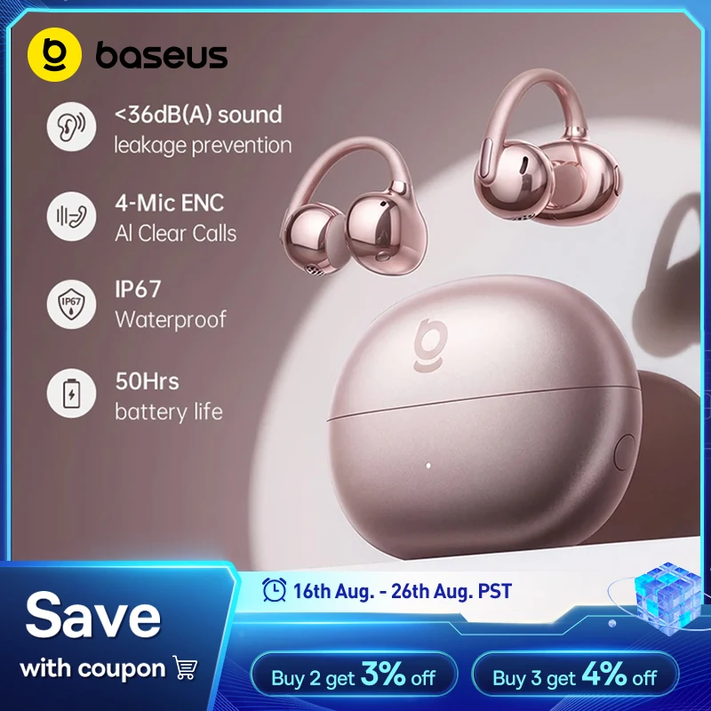 Baseus Bowie MC2 S オープンイヤークリップワイヤレスイヤホン Bluetooth 6.0 快適なクリップオンスポーツイヤホン 4マイククリア通話 AI翻訳