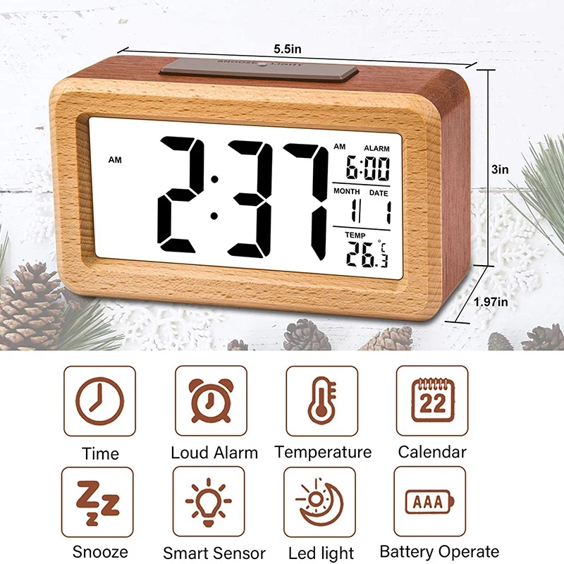 Wooden Large LED Digital Alarm Clock, Smart Sensor Night Light with Snooze, Date, Temperature, 12/24Hr Switchable