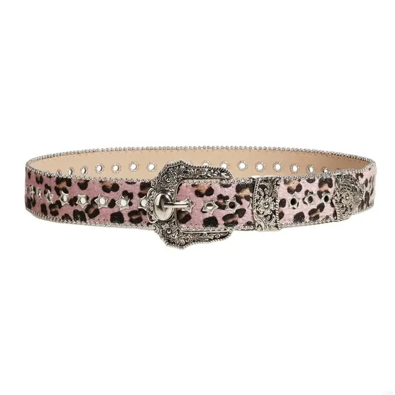Cool Leopard Pattern PU Belt Carved Buckles Strap For Women Teens Daily Wear 2000S Y166