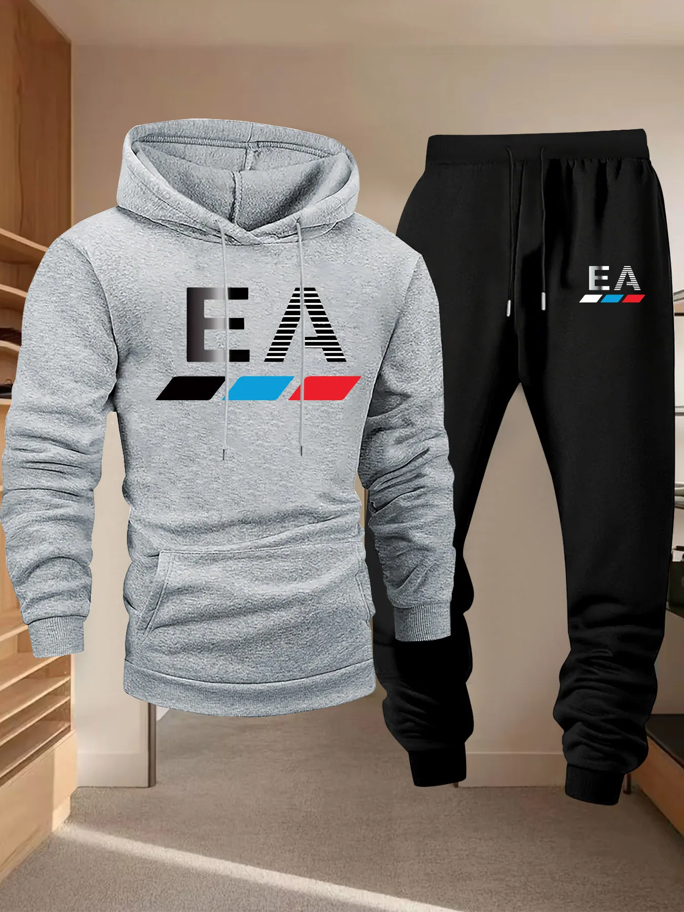 Best-selling EA three-color logo printed men'scasualhoodedshirtandsportspants set long sleeve fall/winter fashionable sportswear