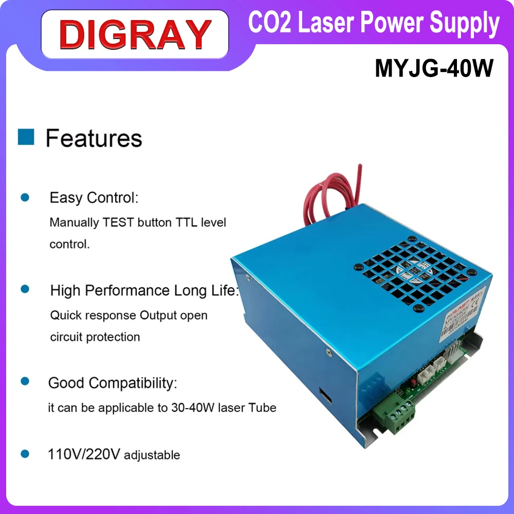 DIGRAY MYJG- 40W CO2 Laser Power Supply 110V/220V For 30W 40W K40 Engraving Cutting Machine Suitable Length 50X700mm Laser Tube