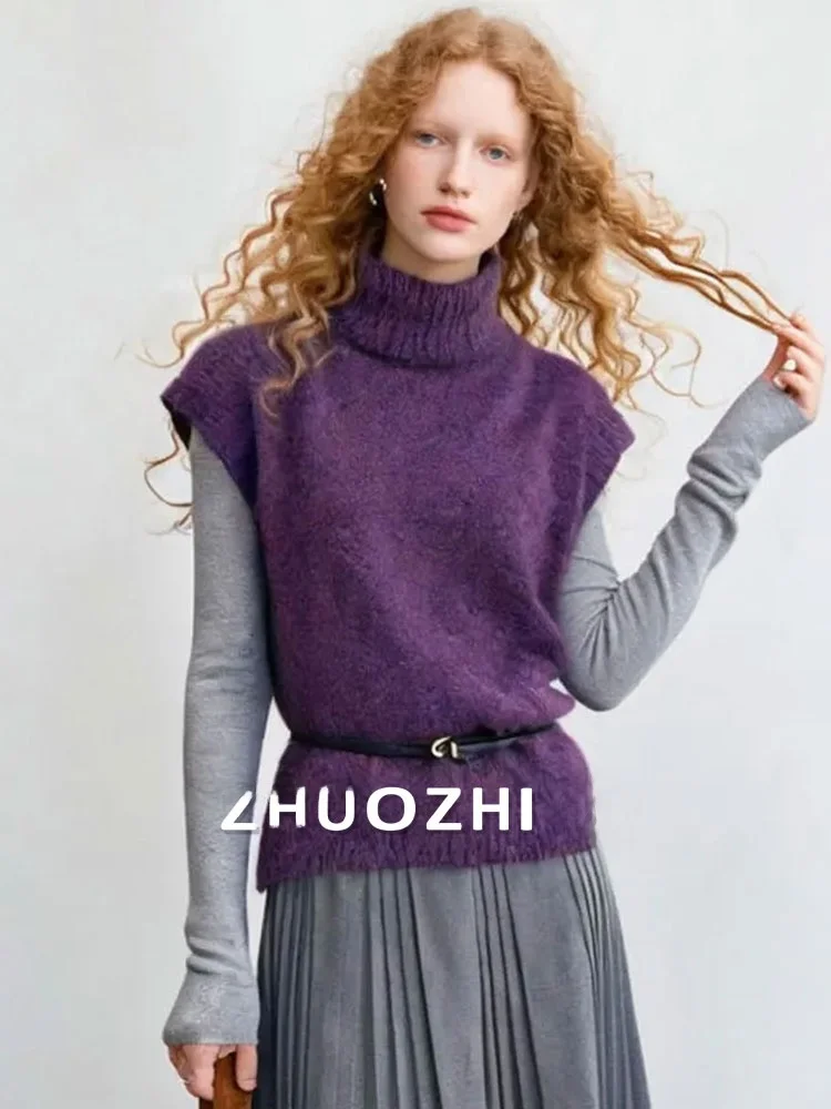 

Вязаный свитер ZhuoZhi в винтажном стиле, фиолетовый, с высоким воротником, женский, свободного кроя, мягкий трикотаж, повседневный, новый, зимний, для многослойных образов