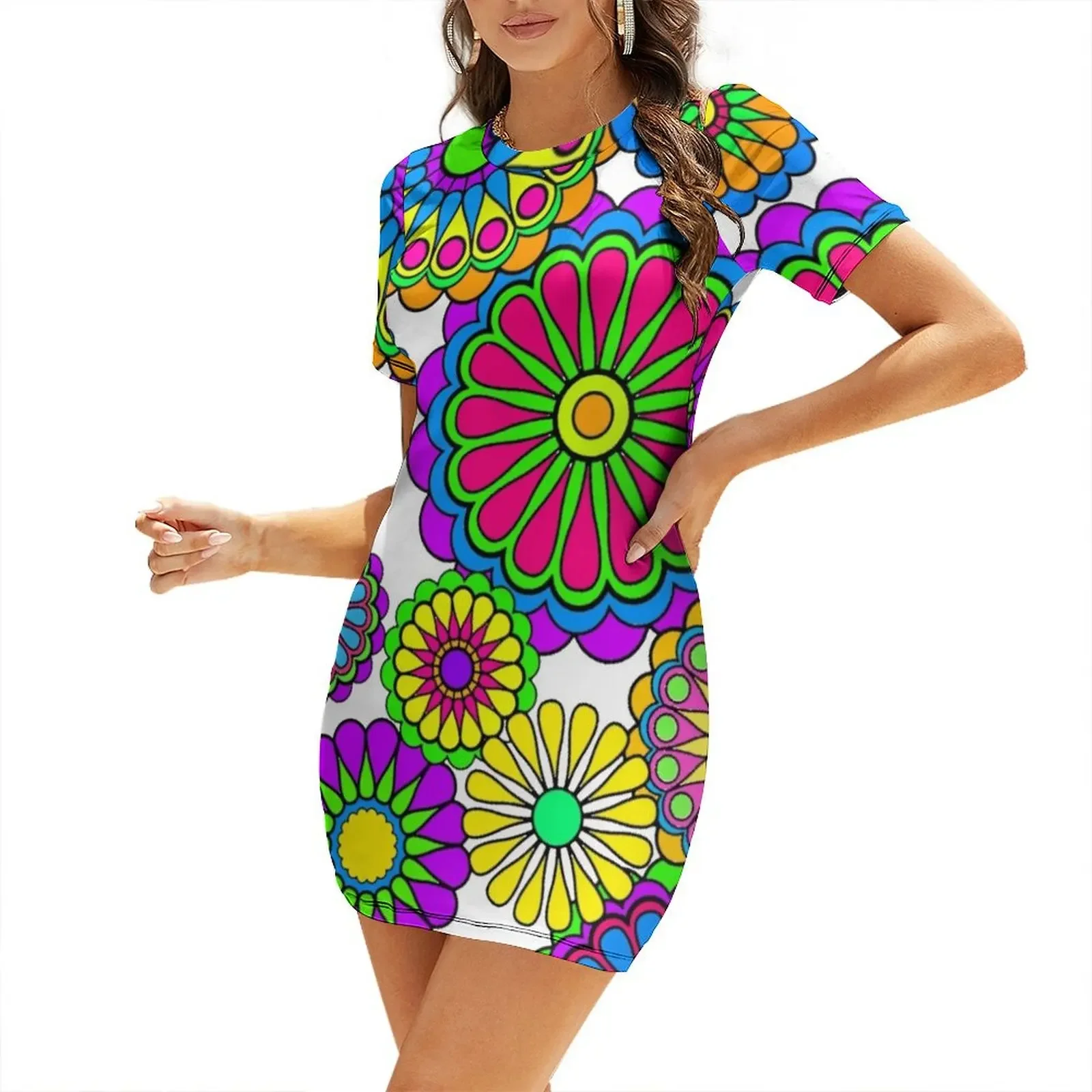 

Happy Hippy Flowers Short-Sleeved Dress cute dress loose women's dress Beachwear purple