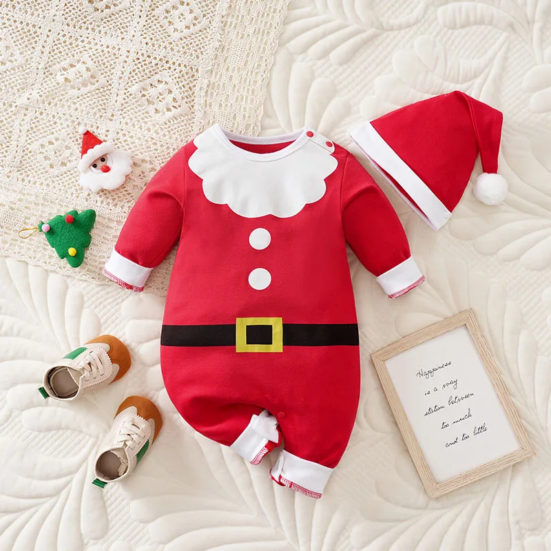 

Christmas Costume 2PCS Onesie and Hats Father Christmas red 100% Cotton Long Sleeve Set Children's Wear Festival Baby Boy Girl