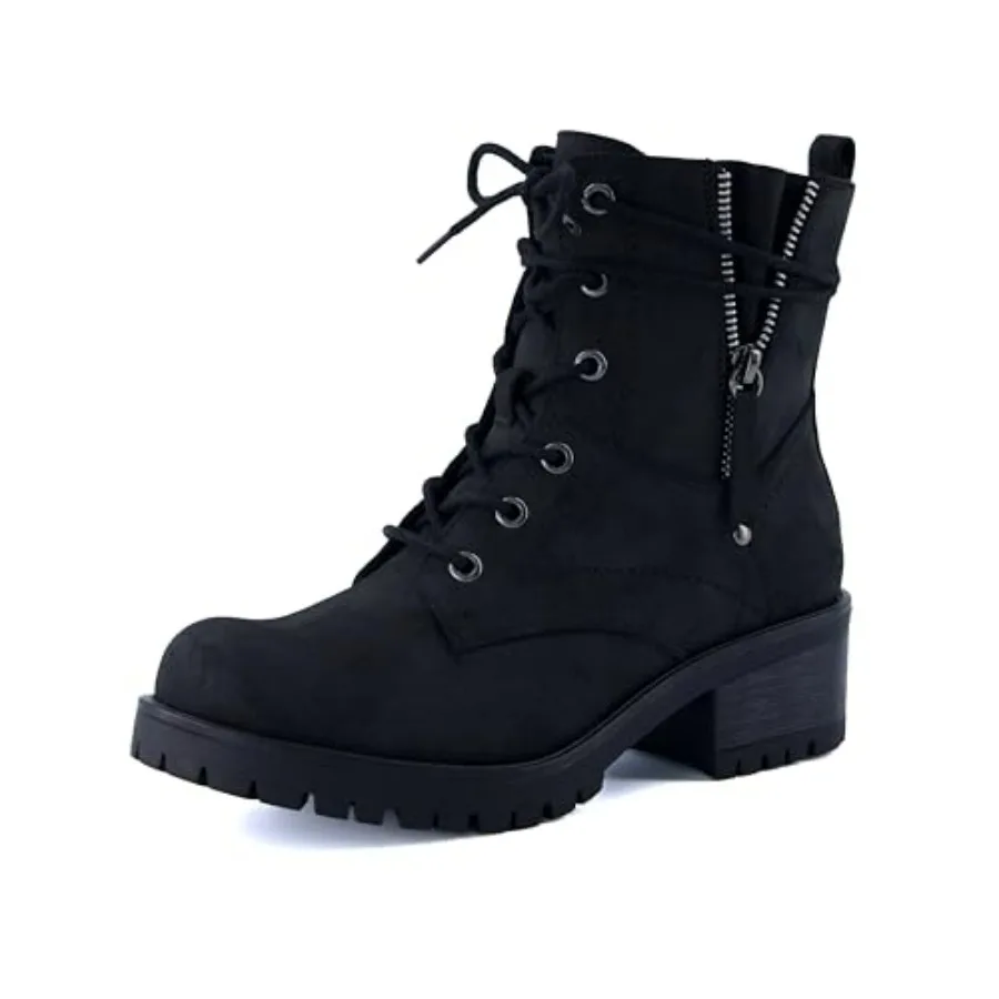 

Women's Kobe Heeled Combat Boots Lace-Up with Side Zipper, Memory Foam Insoles, Faux Fur Lining, Vegan Nubuck Leather, Wide Wid