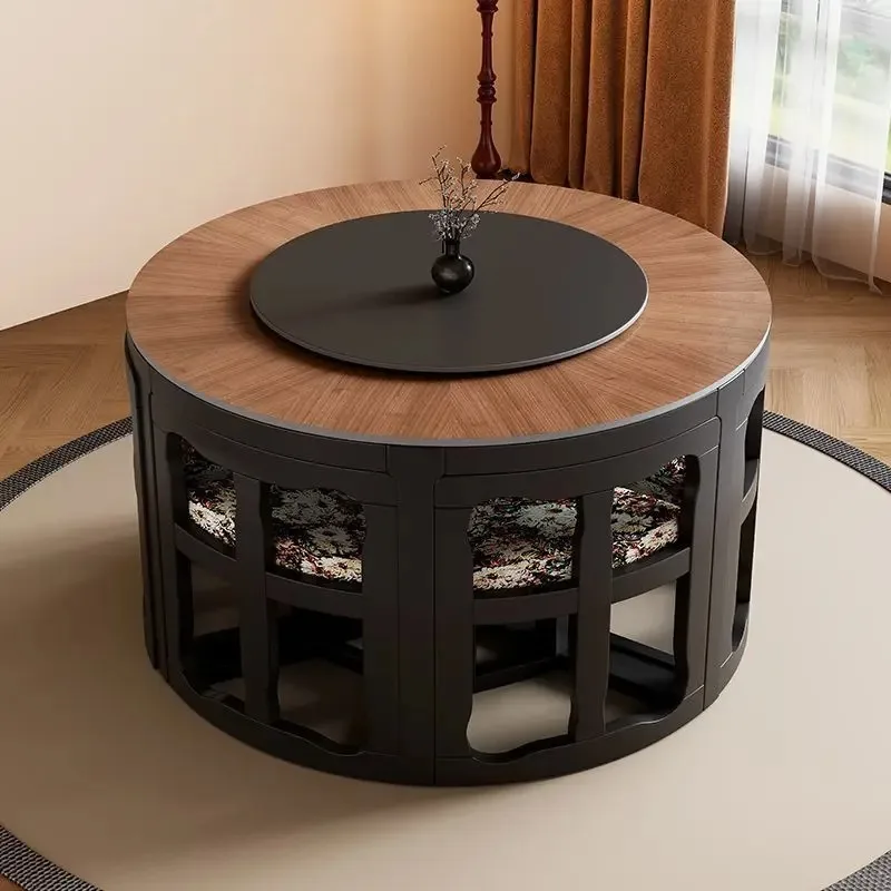 solid wood round dining table and chairs can be stored, retro style modern simple wood grain rock slab dining table