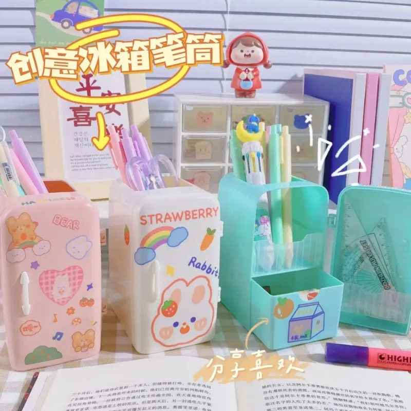 Cute Mini Refrigerator Shape Pen Holder Desktop Organizer Box Cartoon Girl Stationery Large Capacity Office Storage Free Sticker