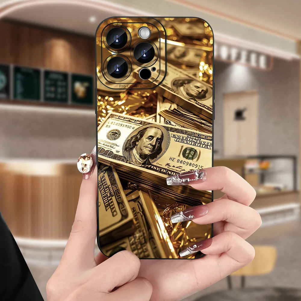الذهب الدولار الأمريكي الأوراق النقدية طباعة تصميم جراب هاتف آيفون 16 15 14 13 12 11 برو ماكس X XS XR 15 زائد 16e سيليكون غطاء ناعم #1