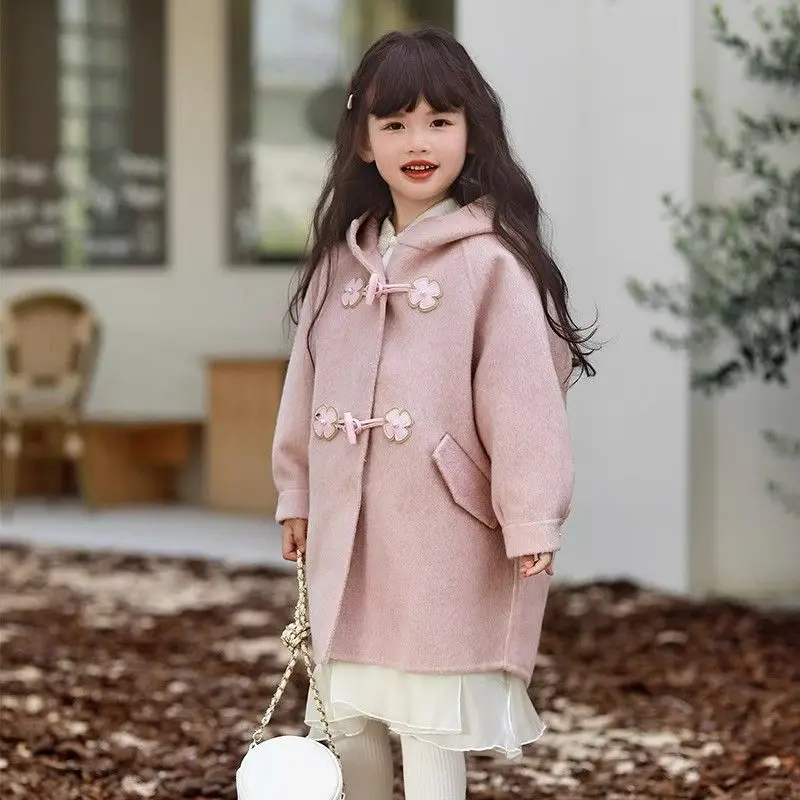 

Girls Woolen Coat Overcoat Jacket Windbreak 2023 Pink Warm Plus Thicken Winter Cotton Tracksuit Sport Children's Clothing