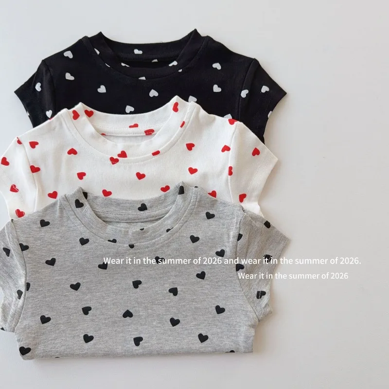 Summer Kids Clothes Short Sleeve T-Shirt, Girls Heart Print Y2K Crop Top, Stretchy Slim Fit Tee Cotton 90-150cm