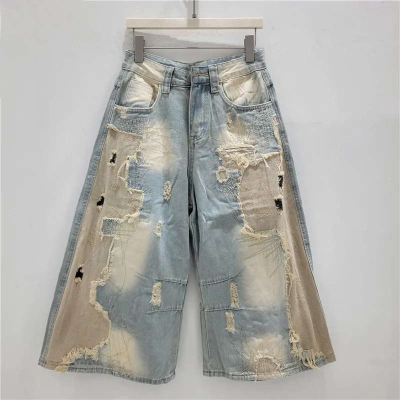 

2026 Summer New American Retro Hot Girl Style Heavy Industry Color Block Patchwork Denim Shorts - High Street Half Jeans Women