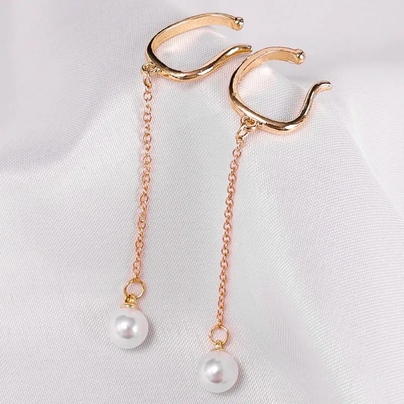 Fashion Pearl Ear Cuff Cross Clip Long Pearl Earrings Fake Piercing Ear Clips for Women No Hole Earrings Jewelry Accessories