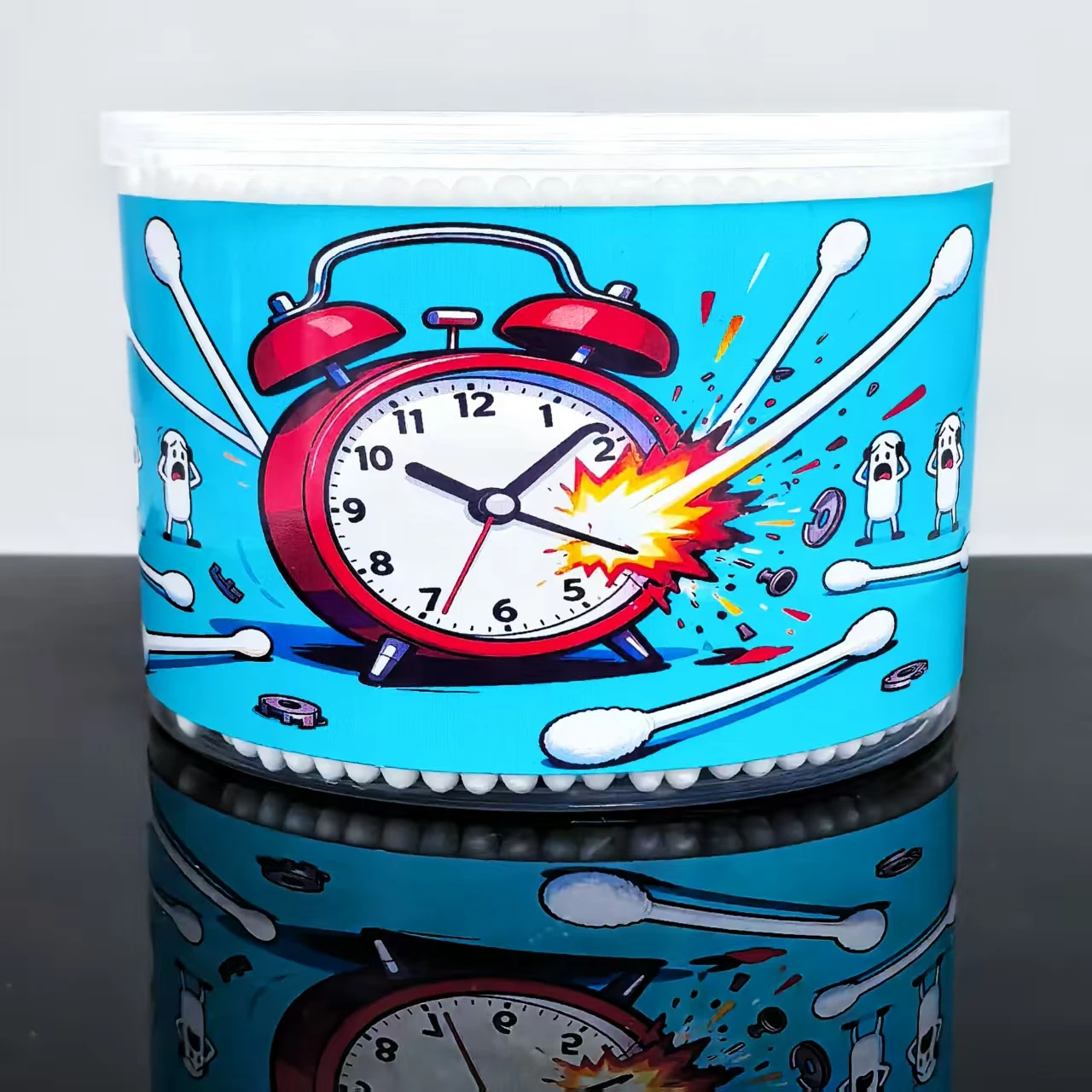 500개 알람 시계 패턴 창의적인 버킷 사이즈 면봉, 성인용 둥근 양면 청소용 특수 면봉