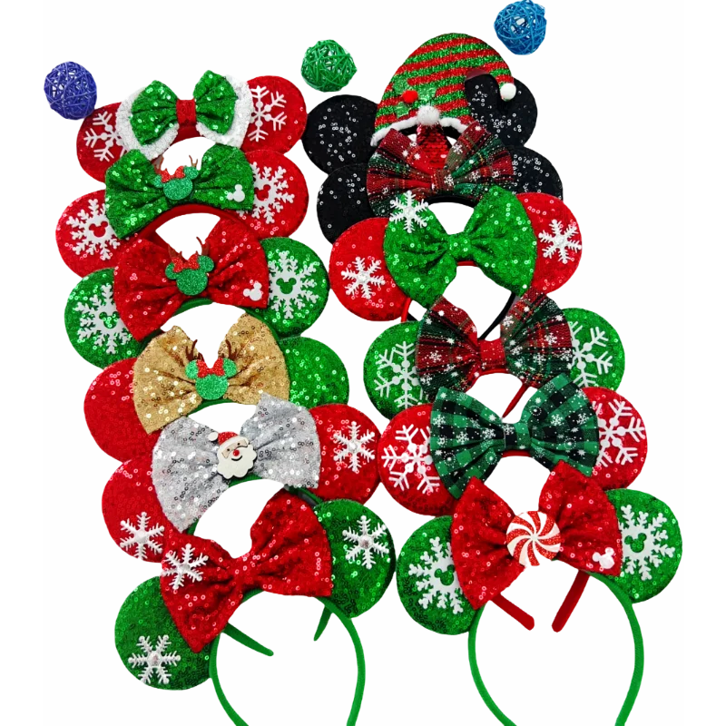 2024 Mickey Mouse Ears Headband Christmas Snowflake Festival Sequins Bow Hairband Women Girls Party Hair Accessories Gift