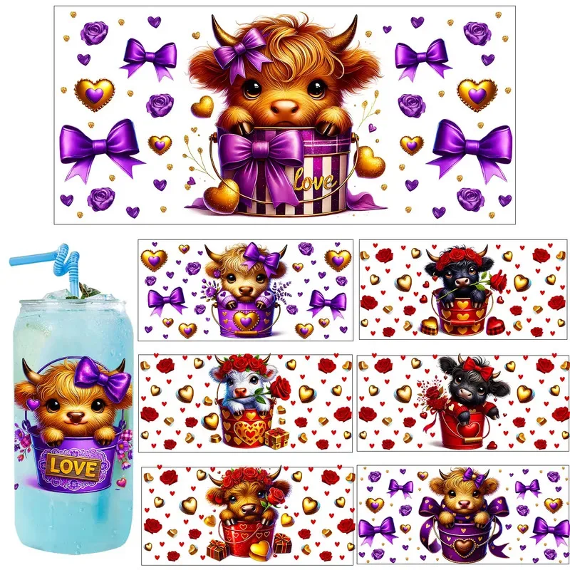 25 Style XOXO Valentine's Day Highland Cattle UV Party DIY Decals 3D transfers uvdtf tumbler seal stickers 16oz uv dtf cup wraps