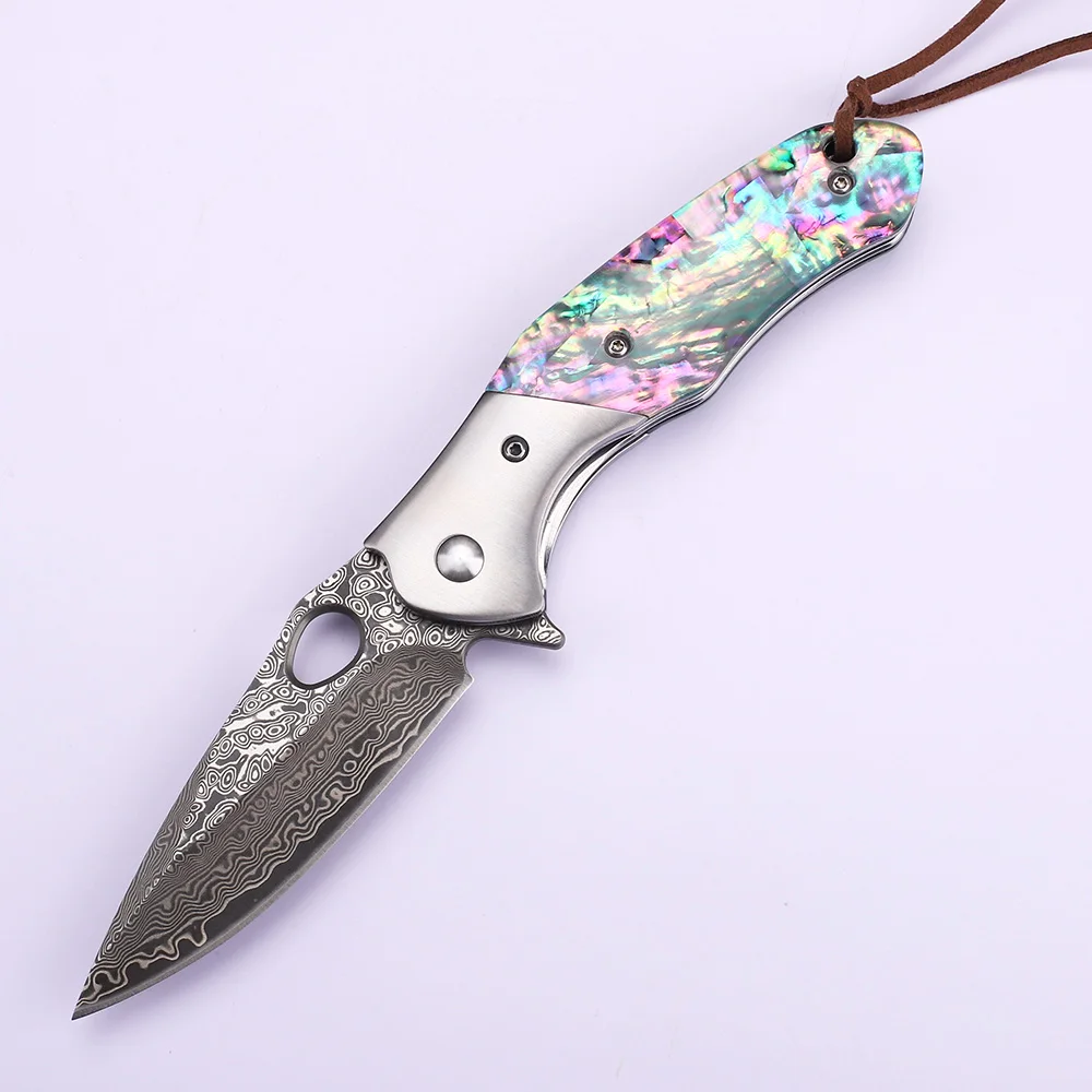 

New VG 10 Damascus Steel Colorful Shell Handle Fishing Pocket Survival Gift EDC Tool Knife
