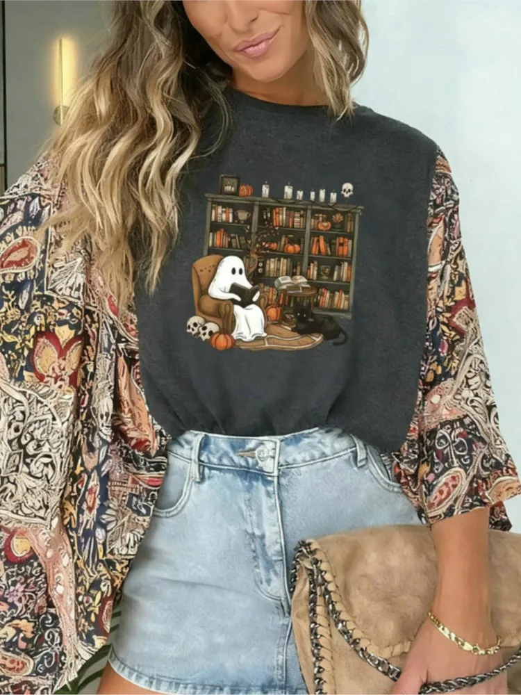 

Casual Print Patchwork T Shirt For Women Fashion O Neck Loose Pullover Tshirts Tops Lady Holiday Halloween Women's Clothing New