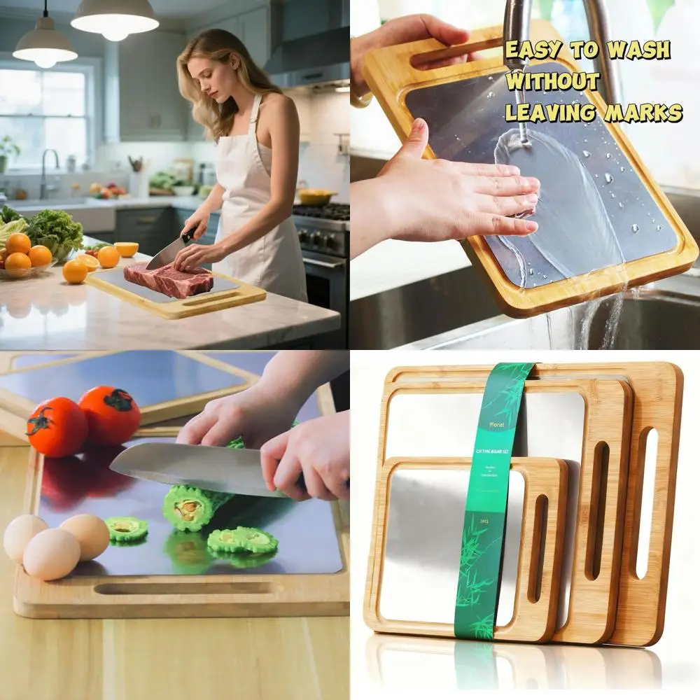 

Dual-Sided Bamboo and Stainless Steel Cutting Boards, Non-Slip with Juice Groove, Perfect for Meats, Vegetables, and Fruits, Kit