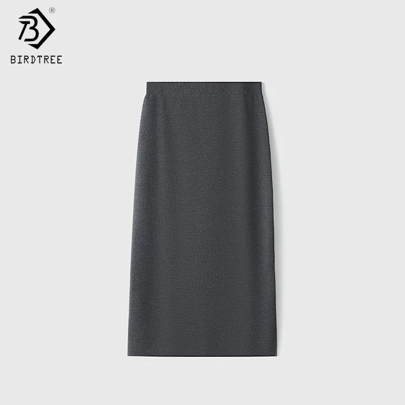

Birdtree,75.7% Sheep Wool Knitted Bodycon Skirt,Woman Elastic Waist Solid Skirts,2025 Autumn/Winter Straight Midi Skirt T5O909JF