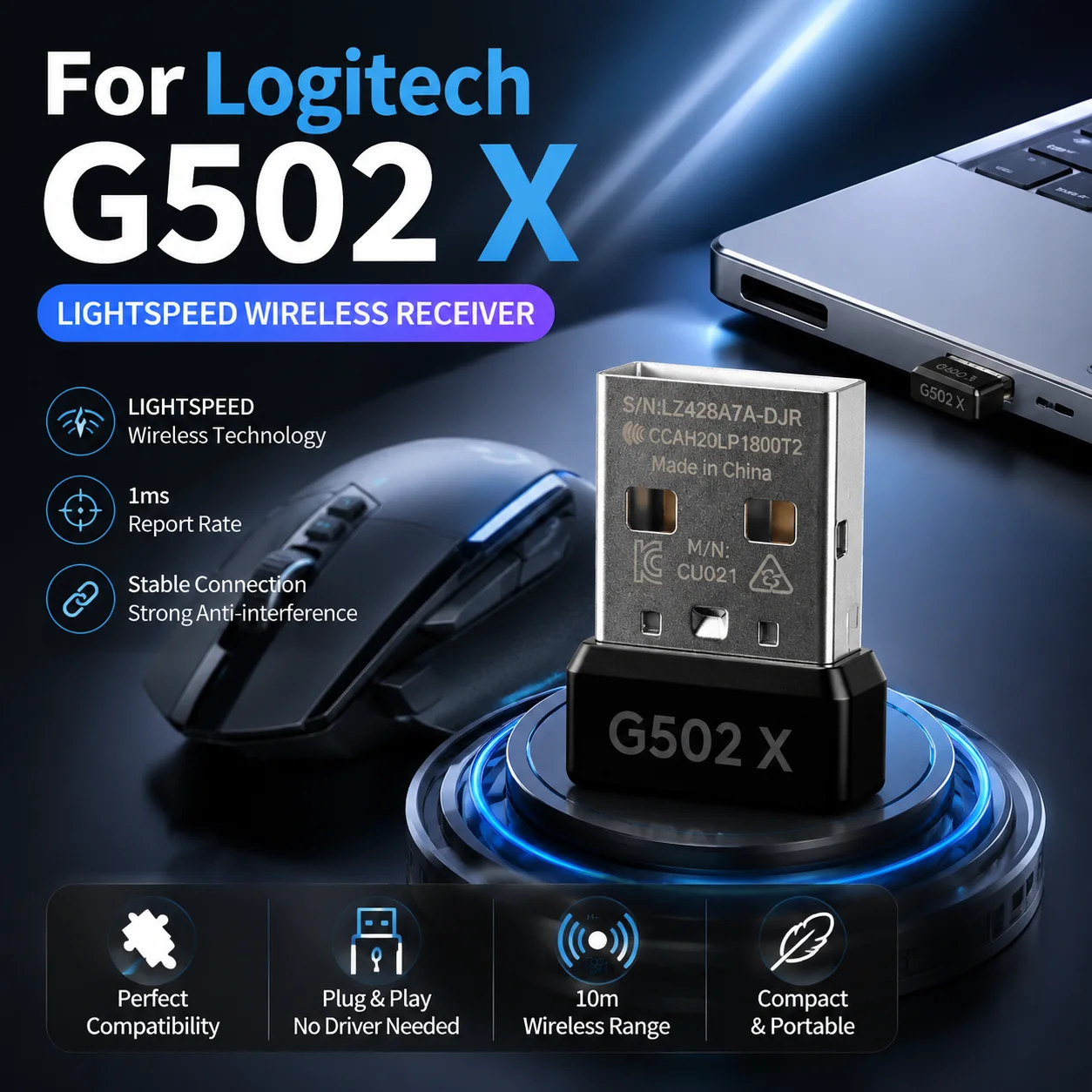 USB Dongle Mouse Receiver Adapter Replacement for Logitech G502X Wireless Gaming Mouse Adapter Replacement Accessory 1PCS Black