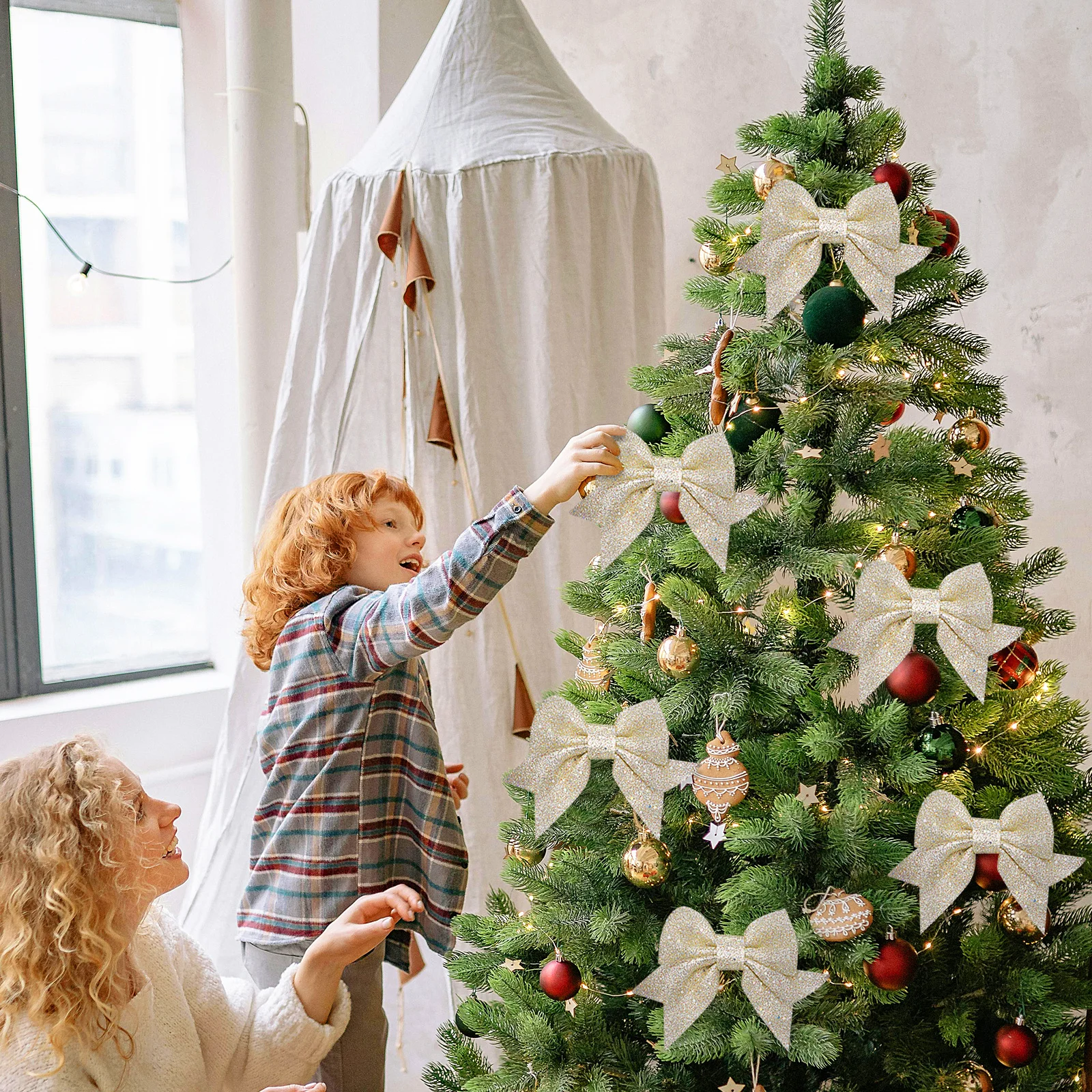 

6pcs Shiny Bow Knot Christmas Tree Hanging Pendants Decorations For Wall Shelf Fireplace Xmas Ornament Party Wedding New Year