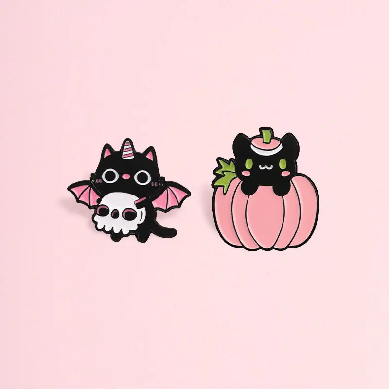 Halloween Pink Pumpkin Black Cat Metal Brooch Bat Skull Cartoon Badge Clothing Backpack Pin