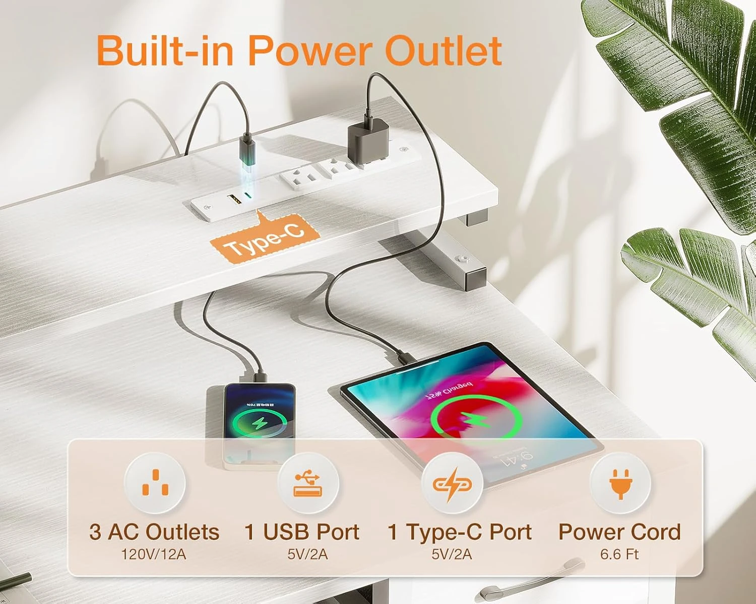 White Computer Desk with Drawers, 48 Inch Office Desk with Power Outlet with Keyboard Tray, Study Table Work Shelf