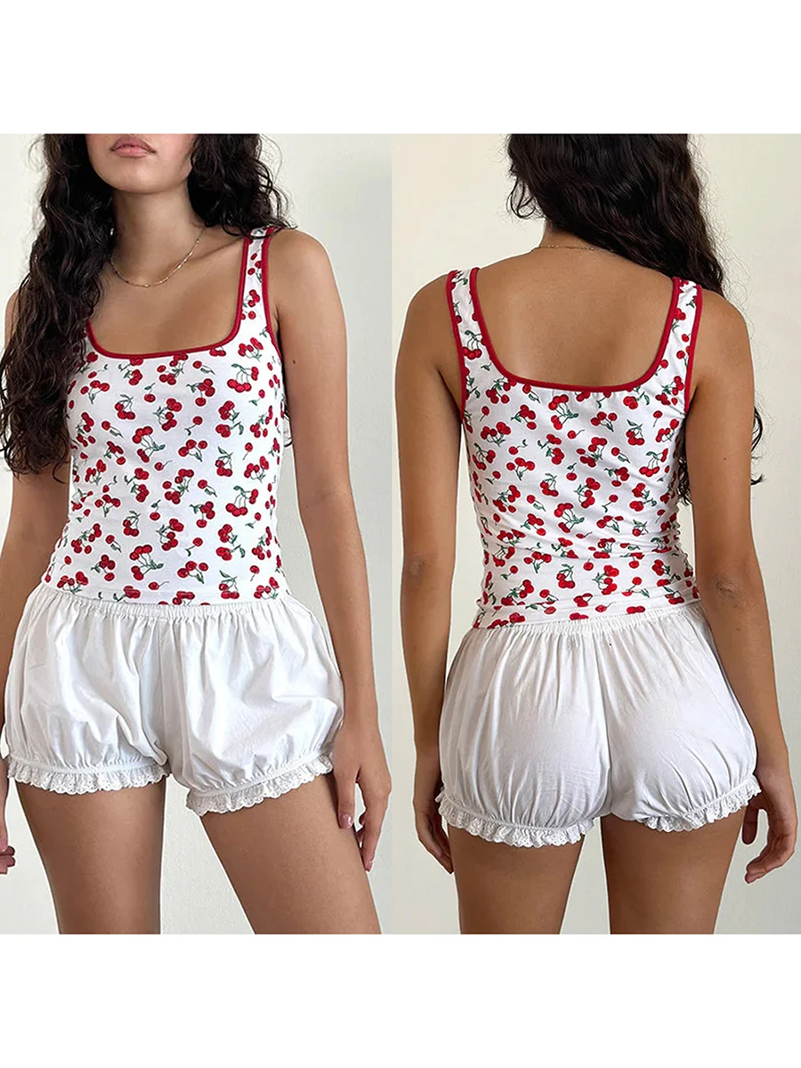 Women Crop Tank Tops Casual Summer Cherry Print U-Neck Sleeveless Shirt Basic Vest Aesthetic Clothes for Streetwear