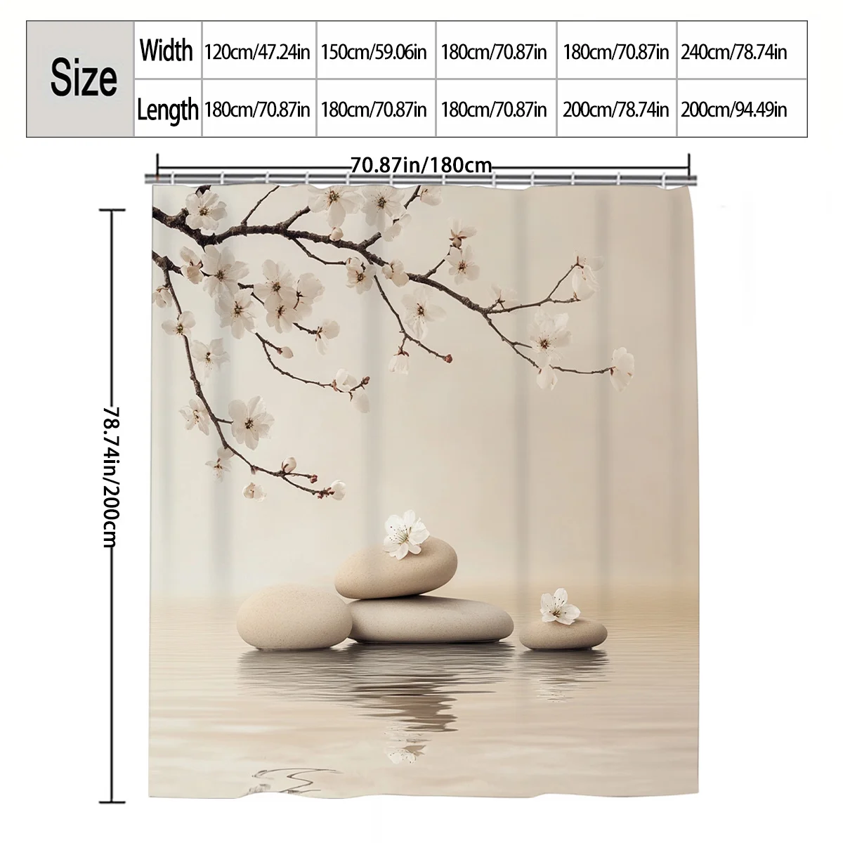 1pc Cherry Blossom and Zen Stones Shower Curtain, Bathroom Decor, Multi-Size Options (120x180cm, 150x180cm, 180x180cm, 180x200cm