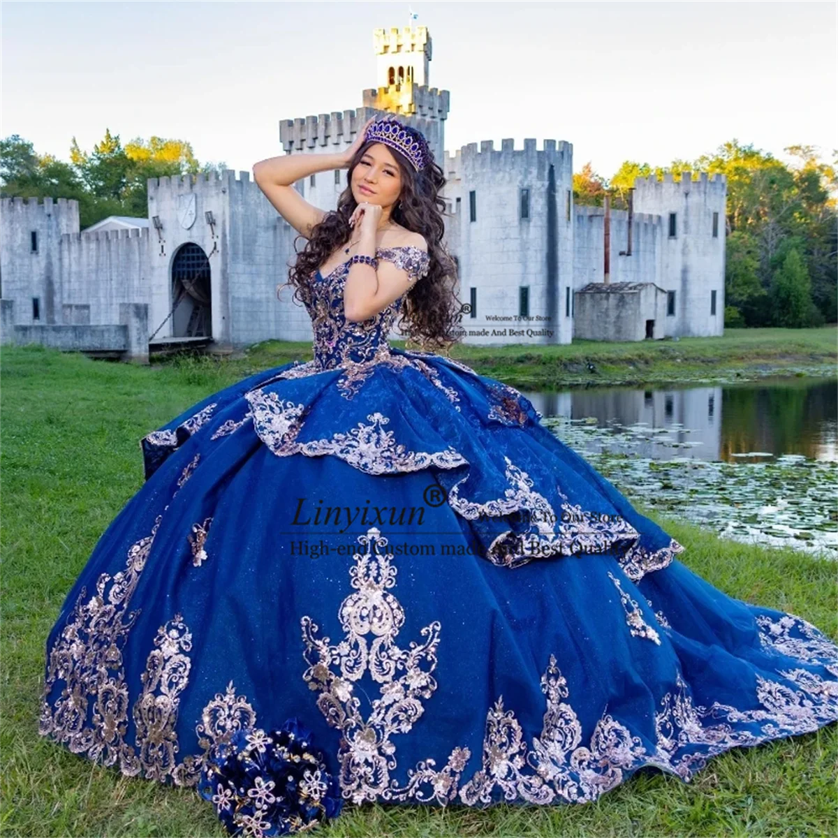 فساتين Quinceanera على الكتف ، فستان أميرات من الخرز الدانتيل ، ثوب الكرة ، مزين بمشد ، أزرق كحلي ، المكسيك ، 15