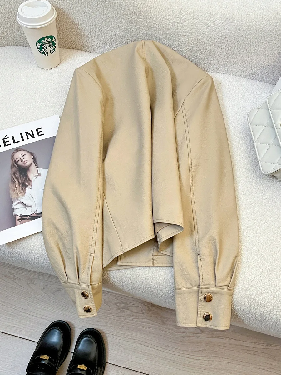 Autumn and winter women's casual solid color lapel long sleeved pocket decoration short jacket