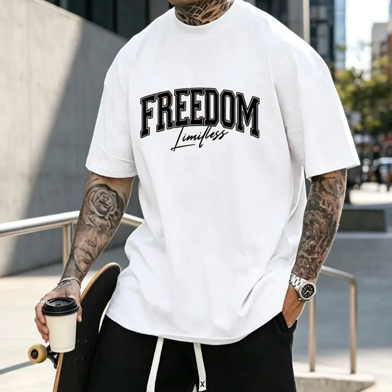 FREEDOM Limitless Men’s Vintage American College Letter Print T-Shirt Soft Modal Casual Tee for Streetwear Gift