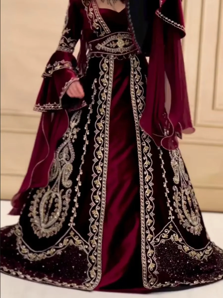 Burgundy Moroccan Kaftan Caftan Muslim Evening Dresses Long Sleeves Appliques Dubai Saudi Arabic Abaya Islamic Gown Customized
