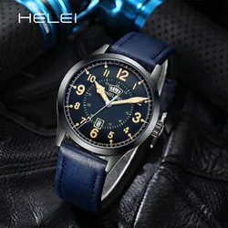 HELEI-Relógio premium de couro masculino, calendário duplo, impermeável, multifuncional, casual, elegante