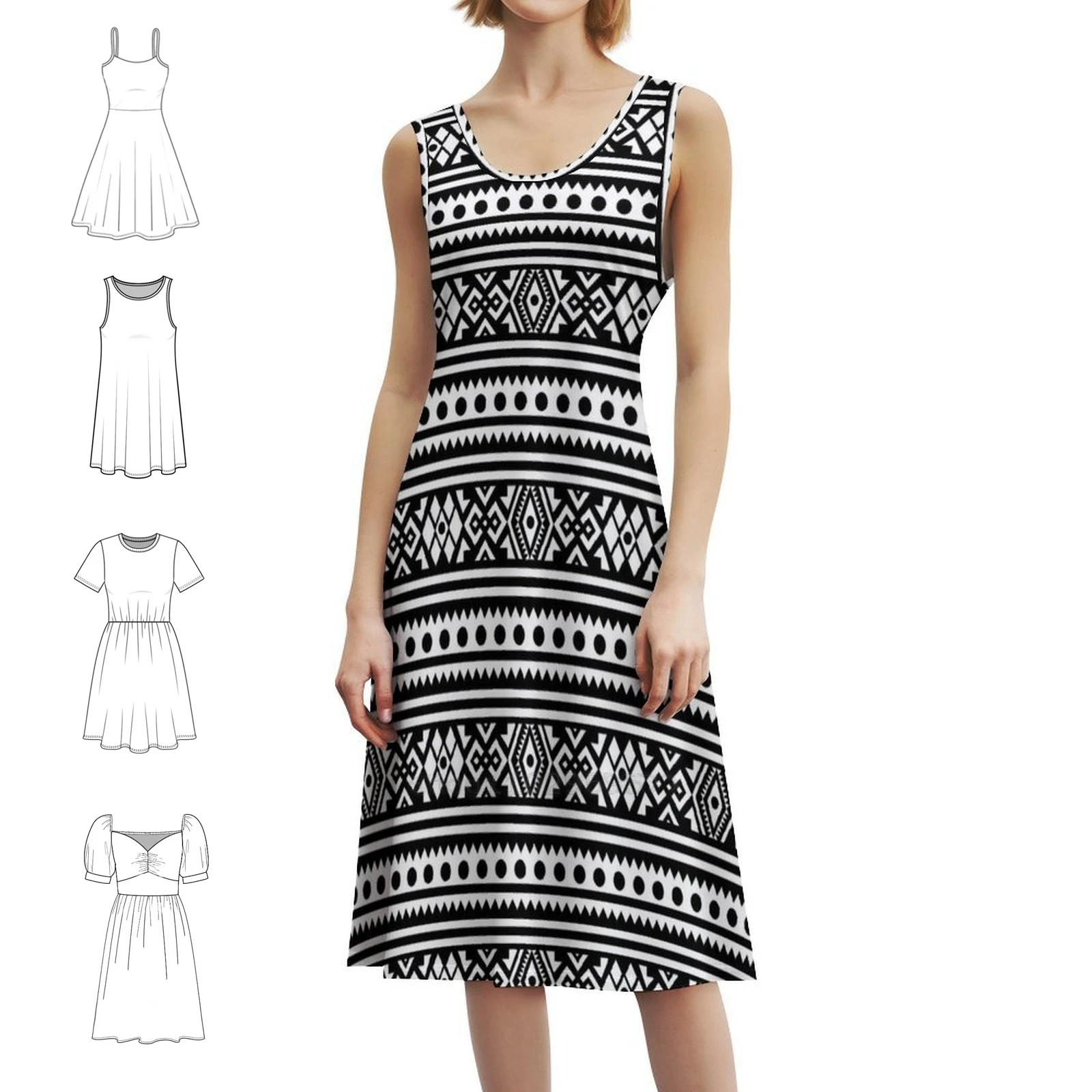 

Digital African Tribal Print Bohemian Sleeveless Dress For Women Print Beach Party Dresses African Tribal Pattern Black White