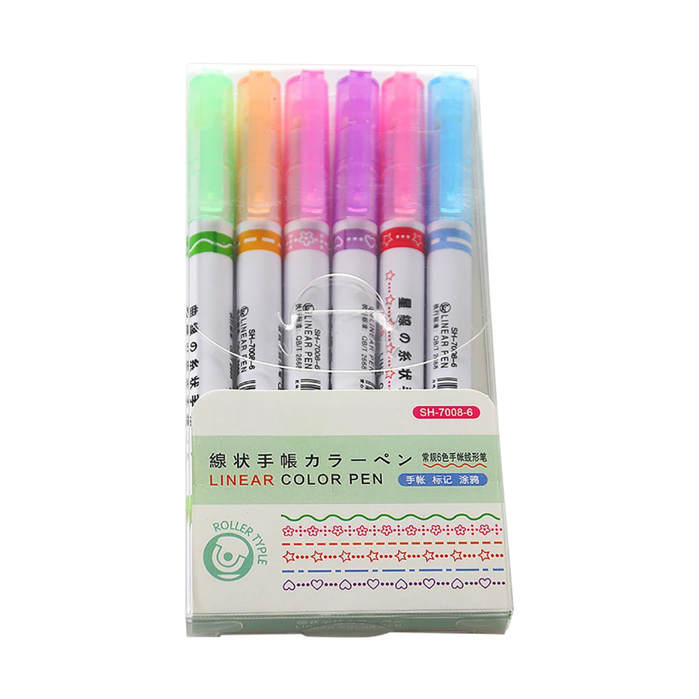 6pcs/set Highlighter Pen Line Shaped Color Sharp Curve Line Art Contour Marking Highlighting Pen Diary School Stationery Supplie