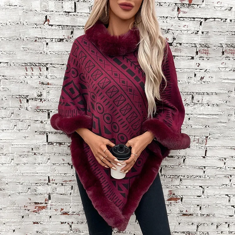 

2025 Winter Women's New Fur Collar Splicing Pullover Knitted Cape Female Geometric Pattern Loose Casual Sweater Shawl Top