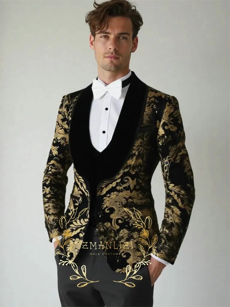 

2025 Formal Slim Fit Mens Black Gold Floral Suits Jacket Vest Pants Prom Tuxedos Groom Dress Costume Wedding Party Suits Set