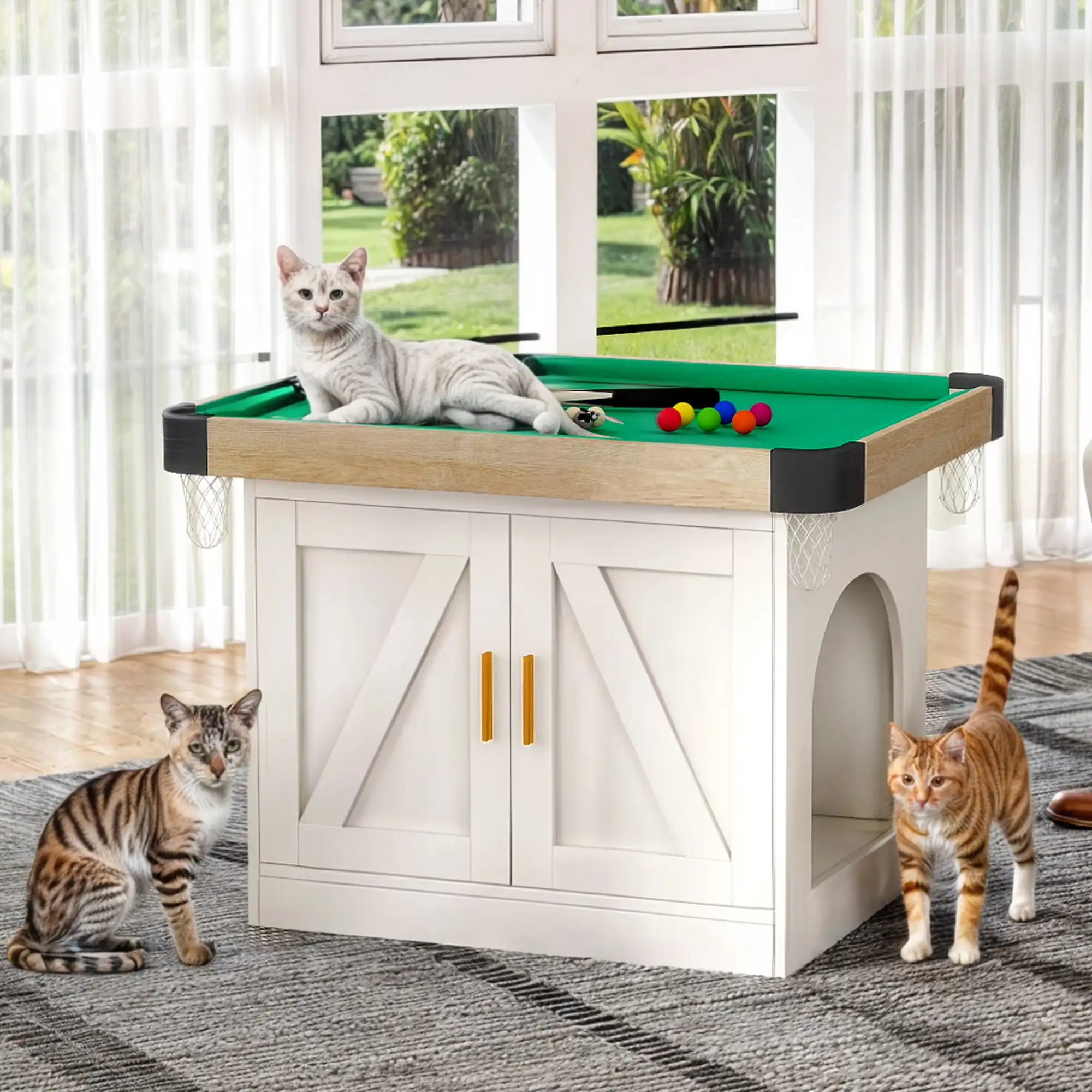 

Stylish Wooden Cat Litter Box Enclosure with Hidden Pool Table, Feather Teaser & Felt Balls, White