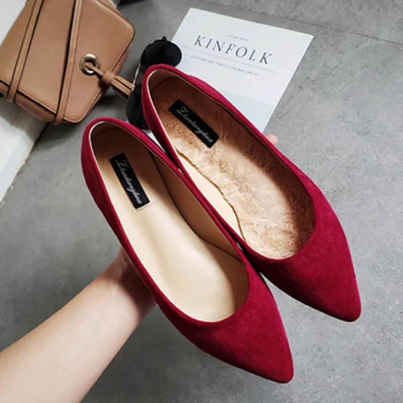 Lady Big Size 33-48 Winter Flats Fur Pointy Toe Flock Shoes Comfortable Slip-Ons Red Black Wine 2022 New Arrivals Daily Taccon