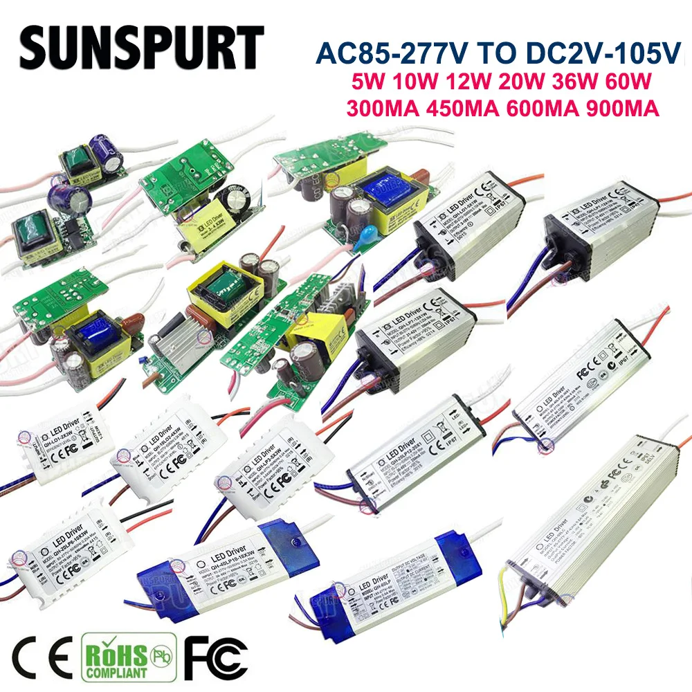 Zasilacz LED o wysokiej mocy, 1-10 szt., 300MA, 450MA, 600MA, 900MA, 5W, 10W, 12W, 20W, 36W, 60W, wewnątrz, na zewnątrz, IP67, prąd stały, Adapter, Chip
