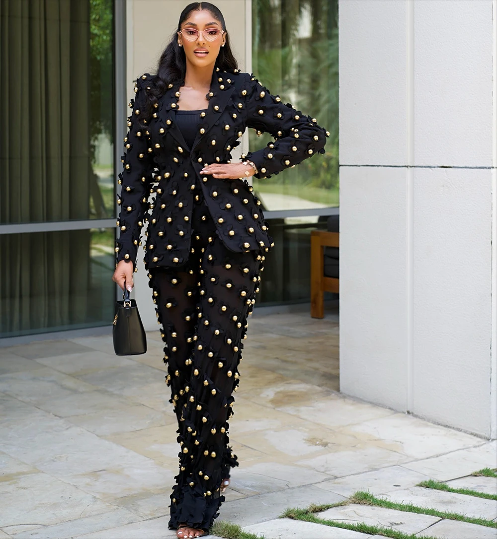 2 Pieces Slim Fit Women Pants Suits Full Metal Button Long Sleeve Customized Formal Lady Wear Guest Party Blazer Sets
