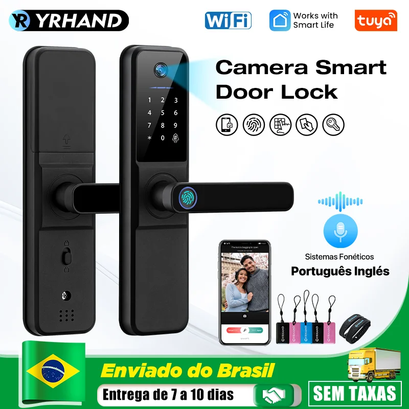 YRHAND Fechadura Digital de Embutir Wi-Fi com Biometria Preta Abertura via Biometria Senha Numérica TUYA Aplicativo Camera