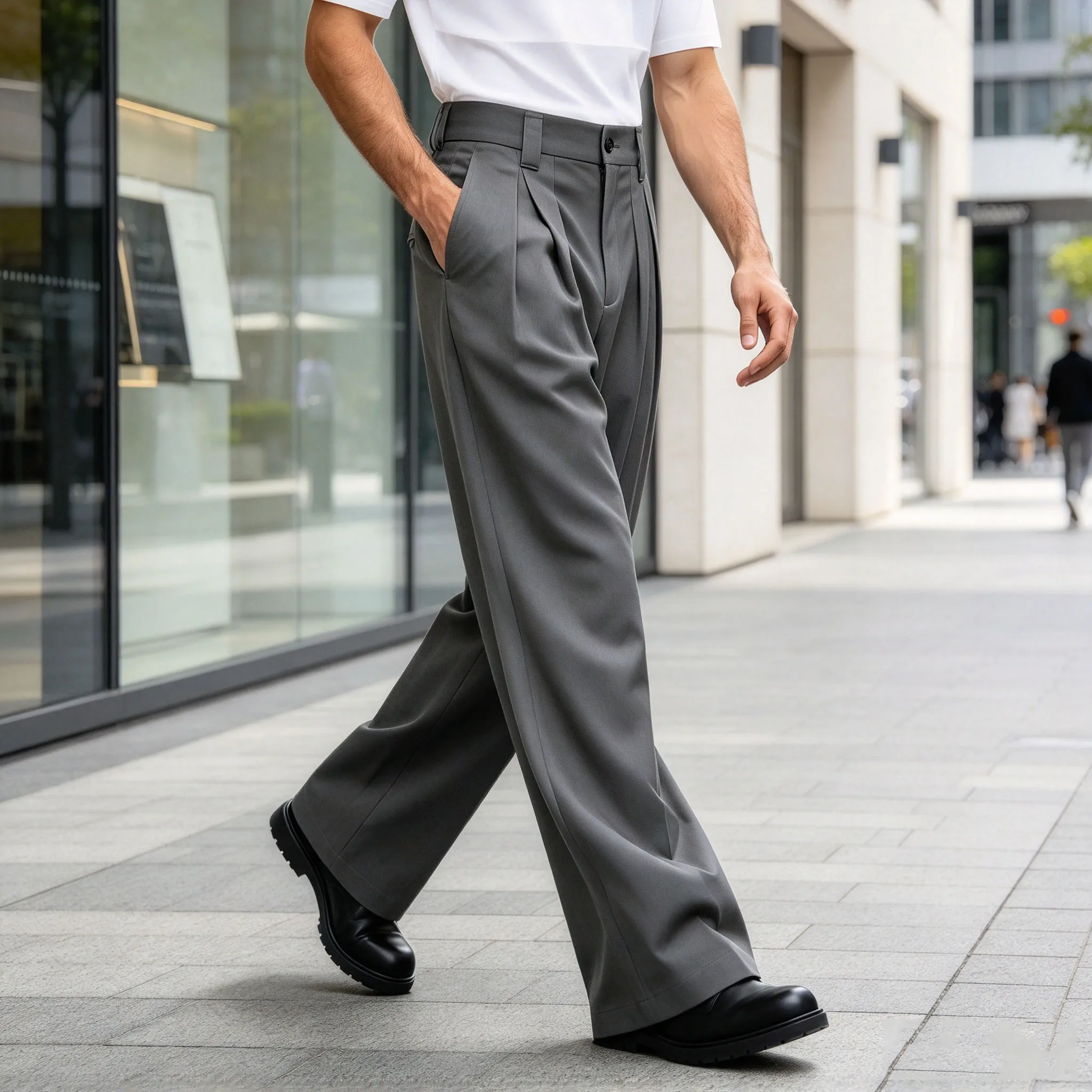 Men's Serge Pants Solid Color  Elastic High Waist Pleated Loose Fit Formal Suit Straight Leg Trousers Business Casual Wedding Pa