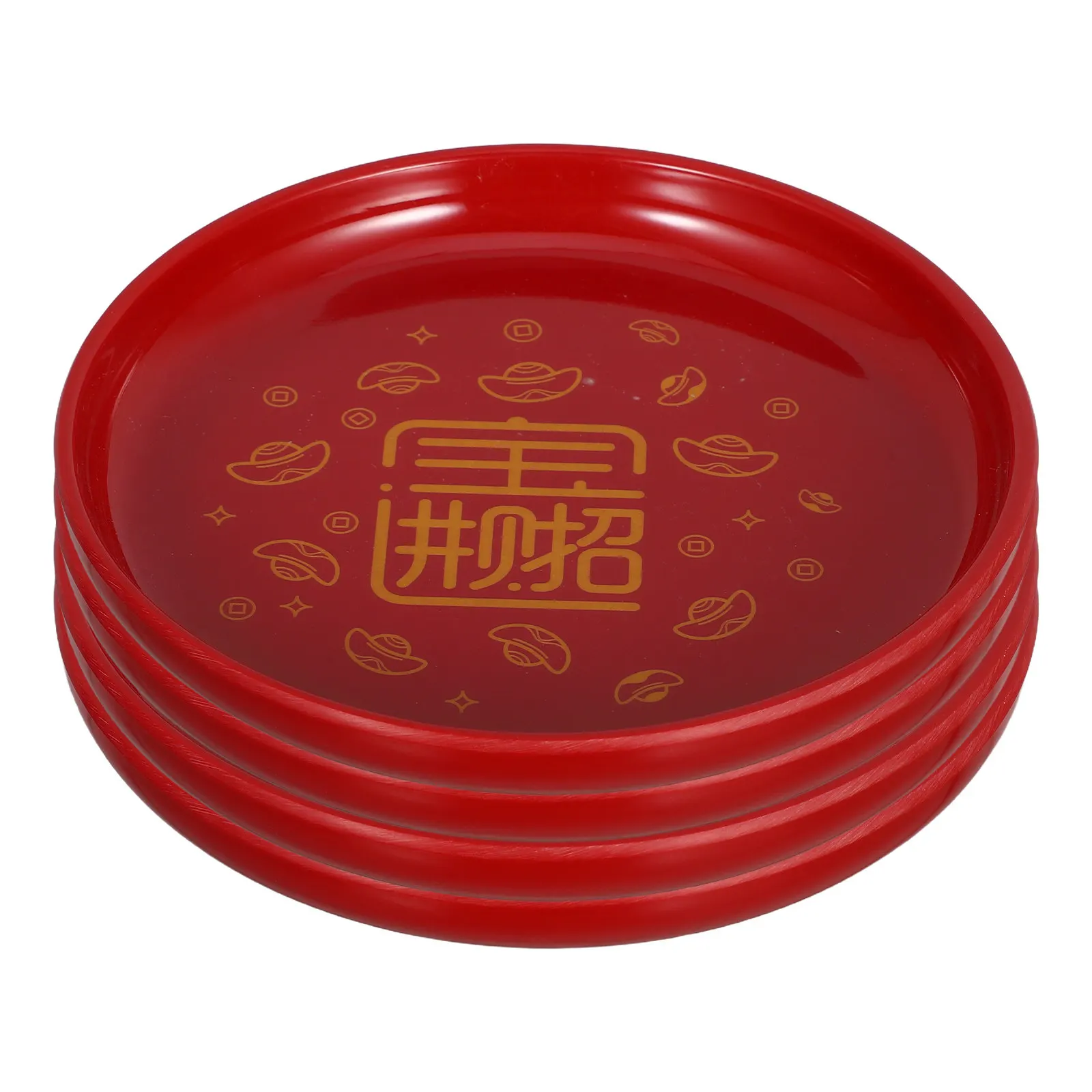 Red Chinese Wedding Fruit Tray Set – 4pcs Round Plastic Serving Platters for Ceremonial & Appetizer Display