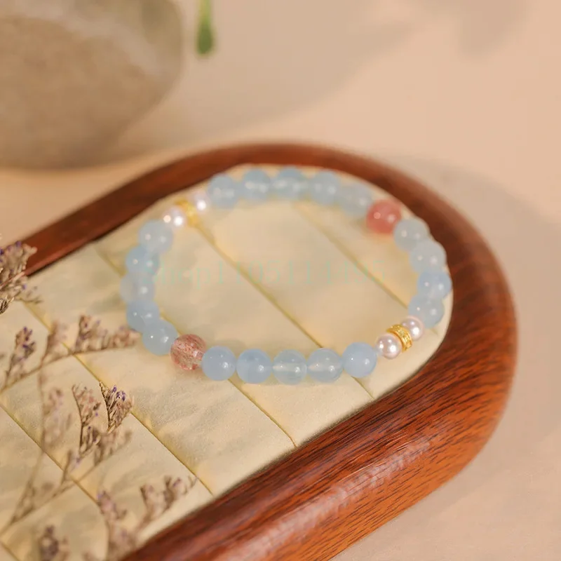 

Original Natural Aquamarine Bracelet Women Small Pearl Strawberry Quartz Blue Crystal Jewelry