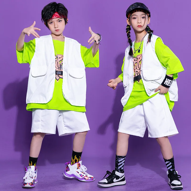 Childrens Hip Hop Dance Performance Costumes Boys Green Suit Girls Stage Jazz White Vest Shorts