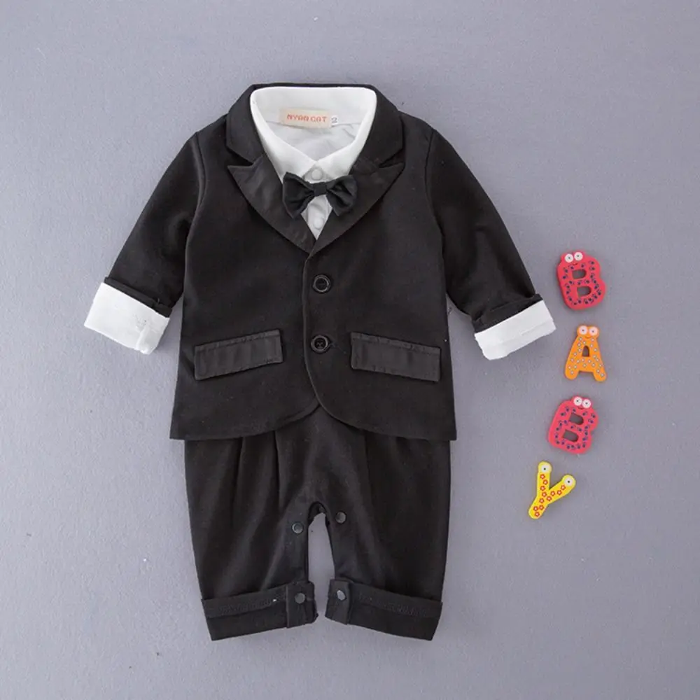 

2Pcs/Set Black Tuxedo Gentleman Boss Baby Clothes Striped Vest Two-Piece Outfit Toddler Romper Bodysuit Romper Bodysuit Bow Tie
