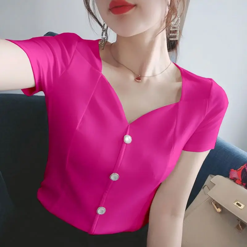 Elegant V-Neck Button Solid Color Blouse Female Clothing 2024 Summer New Commute Tops All-match Office Lady Shirt