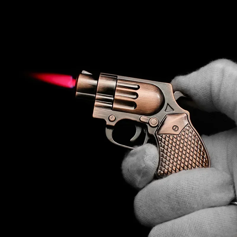 Cool Mini Pistol Lighter Revolver Gas Inflatable Jet Flame Windproof Lighters Metal Keychain Pendant Lighter Gun Cigarrette Gift